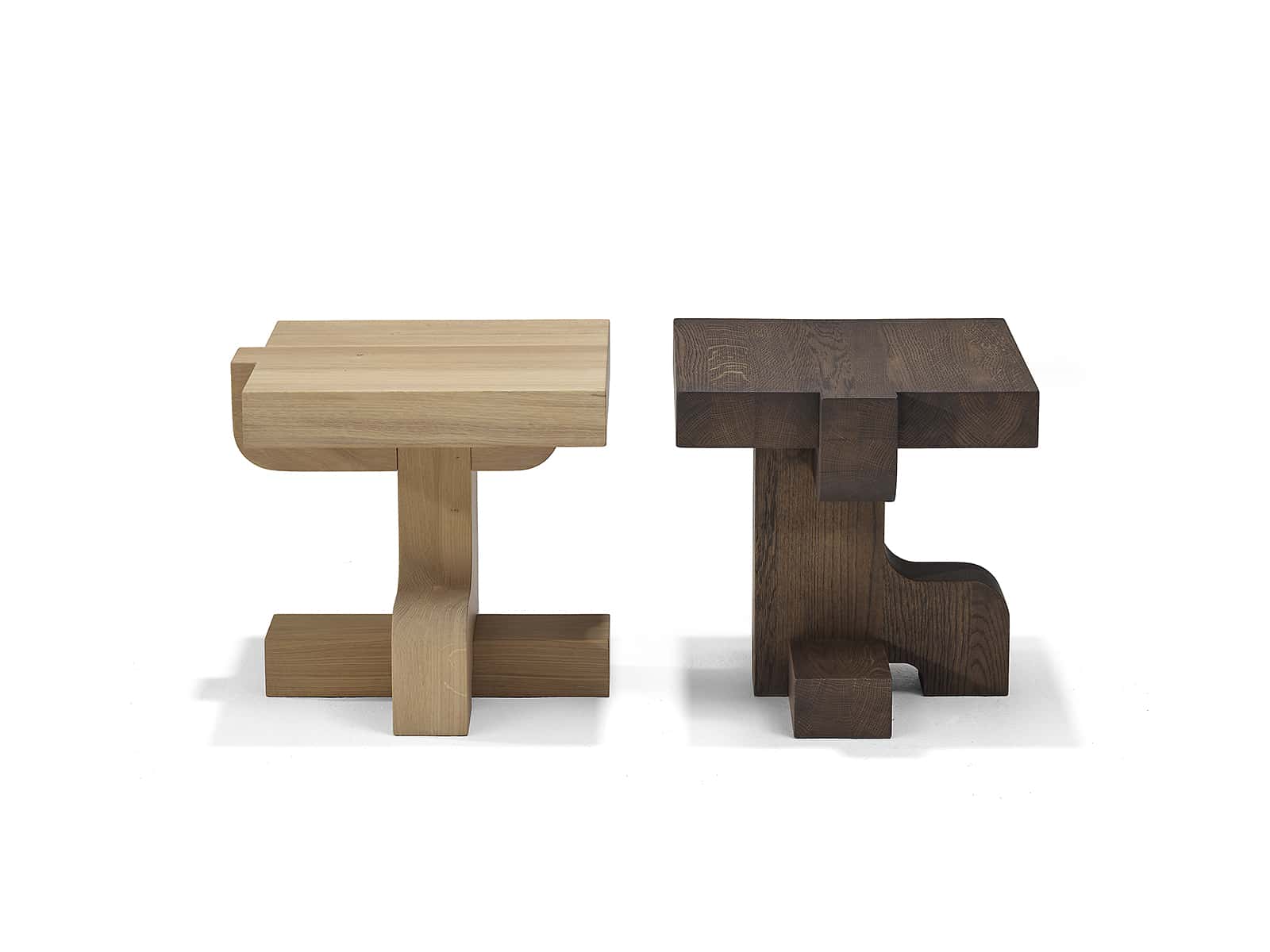 Linteloo Flux side tables, designed by Roderick Vos. Solid oak wood in a whitewash and grey-brown oil finish.