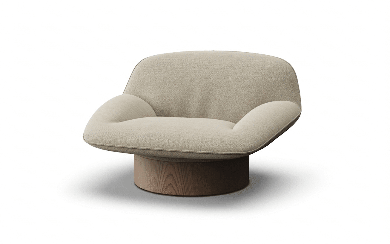 Render of the Linteloo Arthur armchair. A wide and comfortable chair, floating on top of a walnut veneer round swivel base.