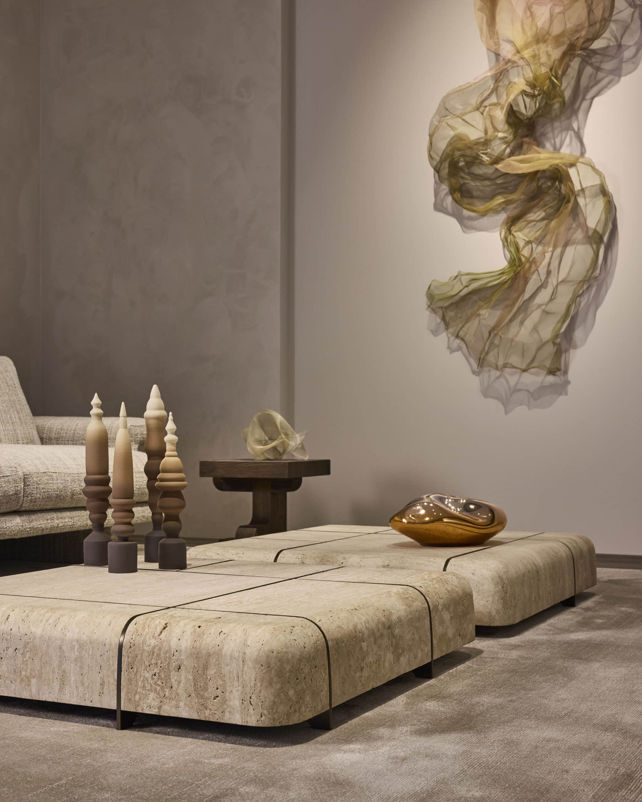 Linteloo Tessera coffee table, made of travertine stone and bronze steel.