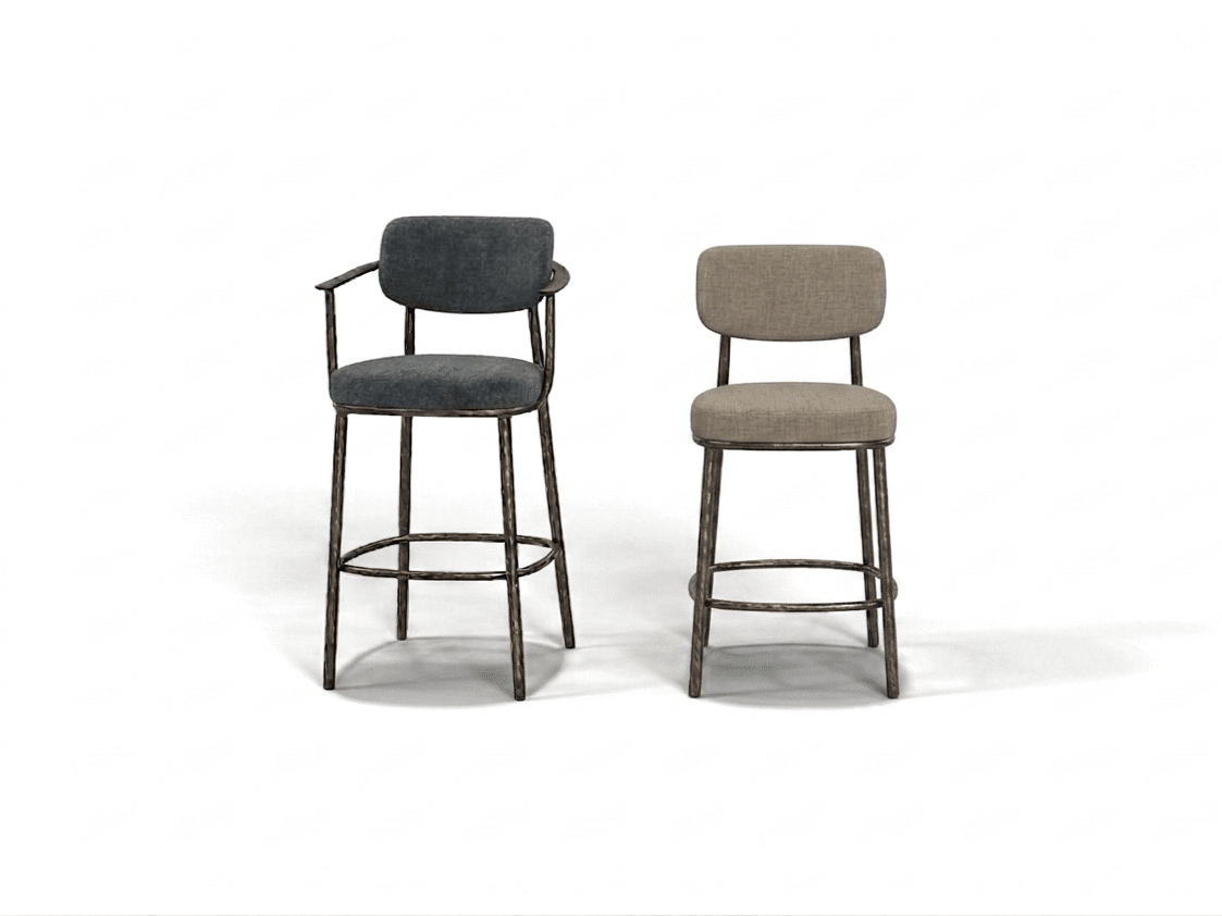 Render of the Linteloo Gentle bar and kitchen stools. One with arms and one without arms. The frame is made of a cast metal in bronze and the seat an back are upholstered.