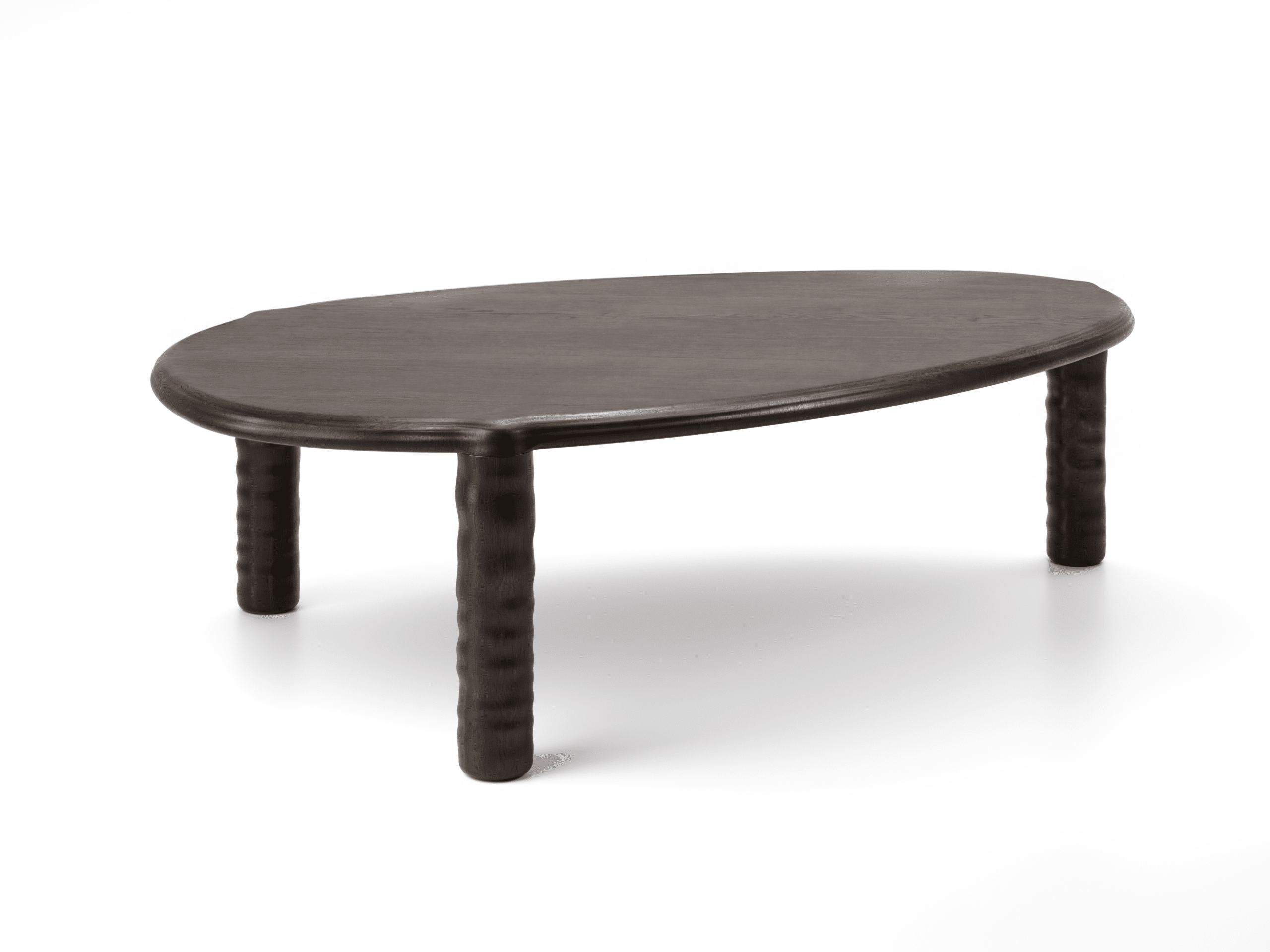 Front view of Linteloo Tembo table, made of solid oak wood in a dark brown finish. The table has three legs and a rounded triangle shape, with thick elephant trunk like legs.