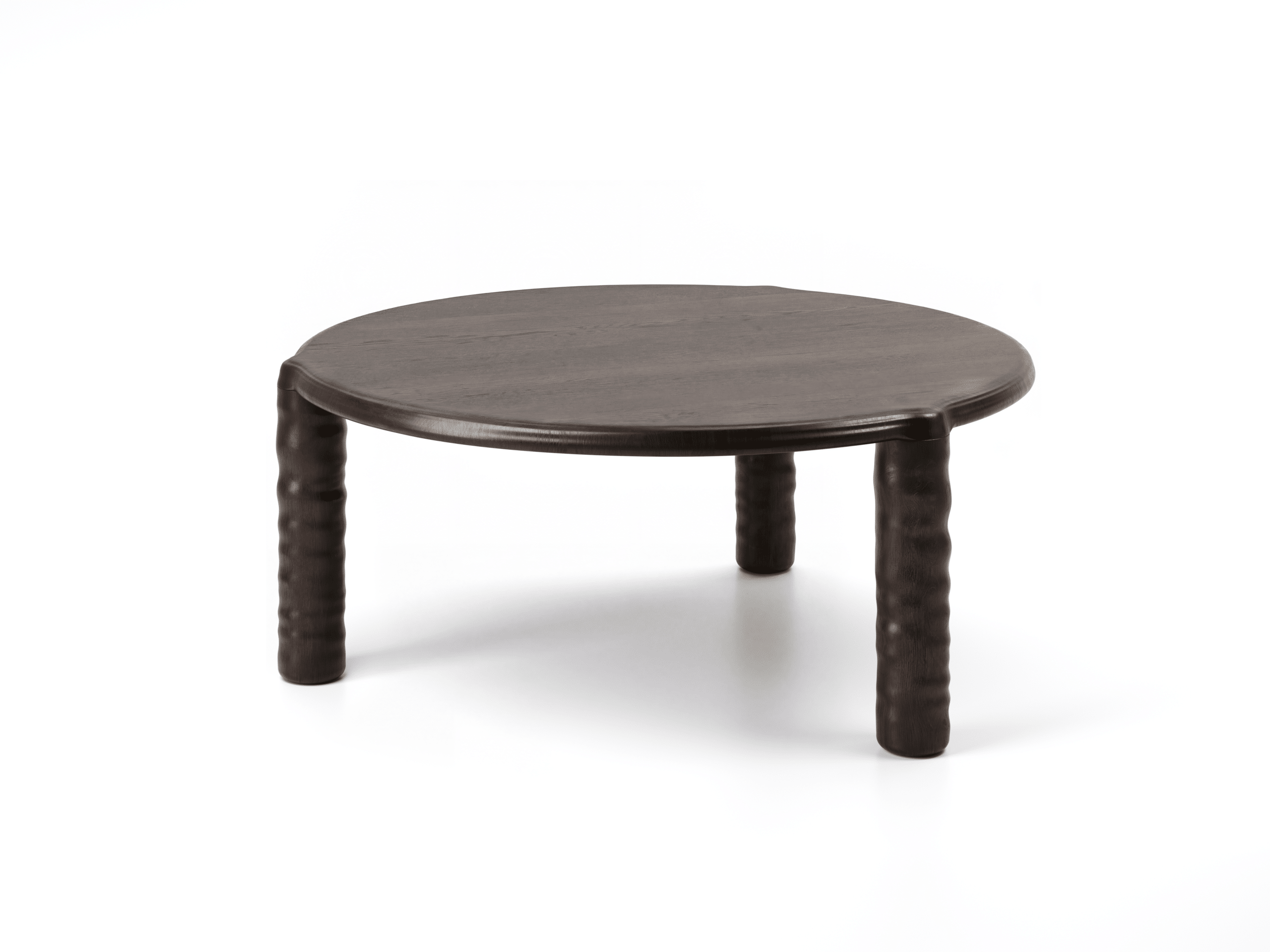 Front view of Linteloo Tembo table, made of solid oak wood in a dark brown finish. The table has three legs and a rounded triangle shape, with thick elephant trunk like legs.