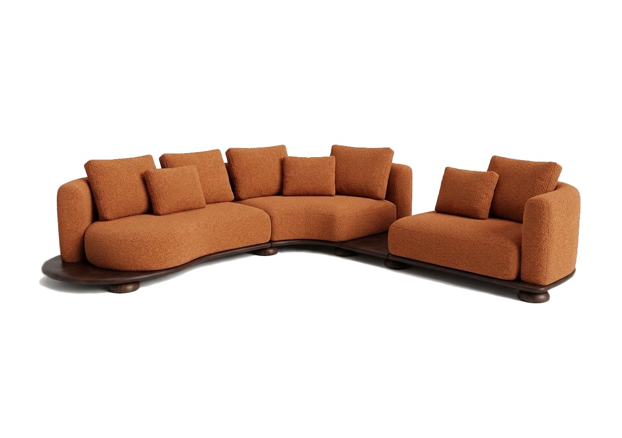 Render of the Linteloo Volta sofa. It it modular and had a wooden, upholstered base, which also serve as tables inbetween sofa elements.